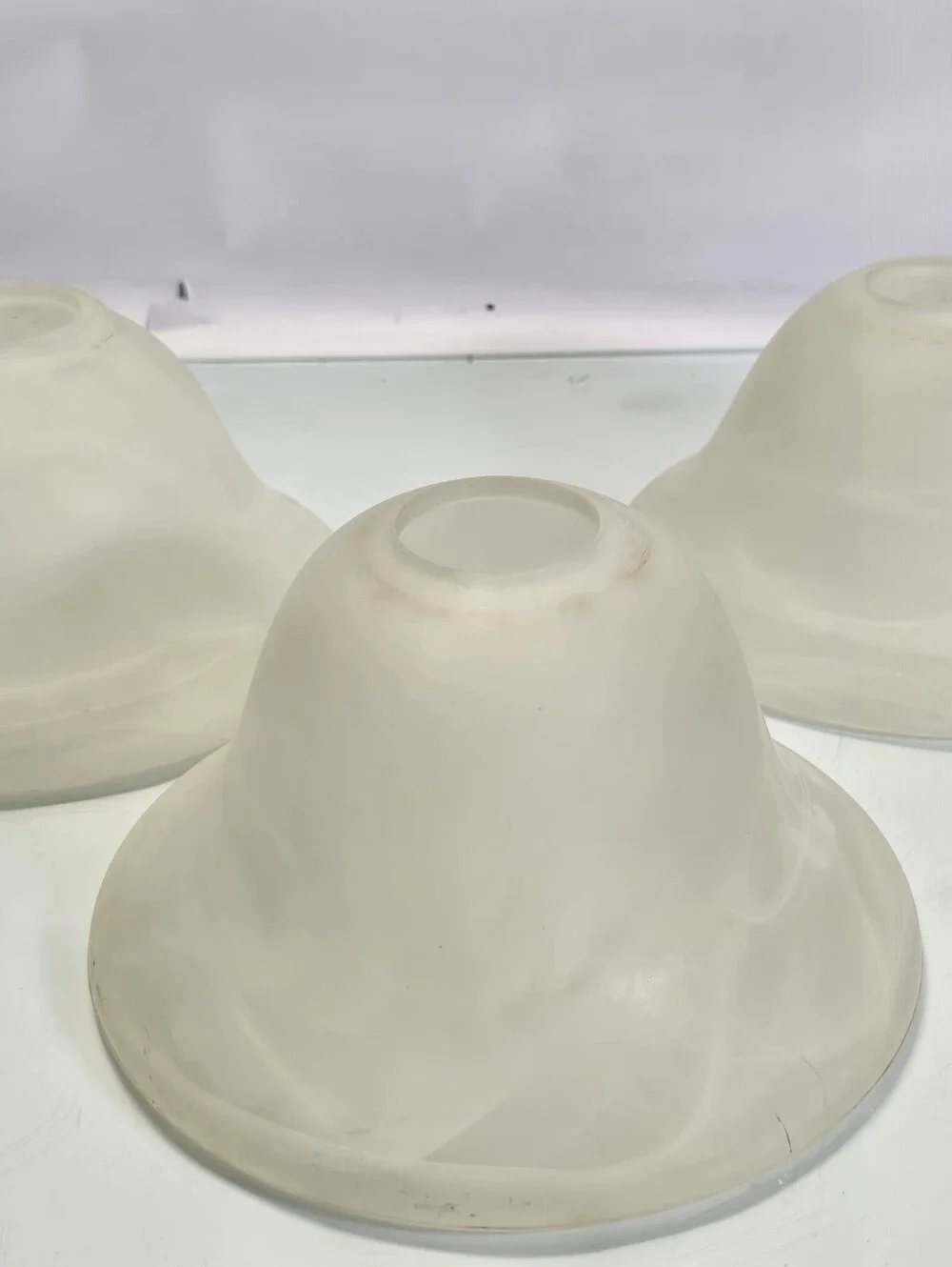 Vintage Set of 3 Frosted Glass Lamp Shades Hobnail Ribbed Bell Scalloped